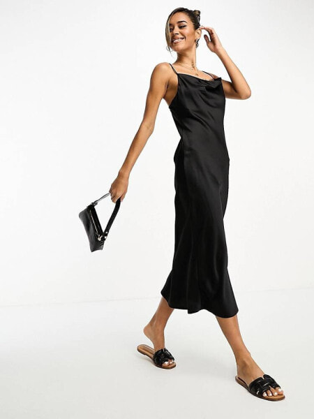 River Island cowl neck satin slip midi dress in black