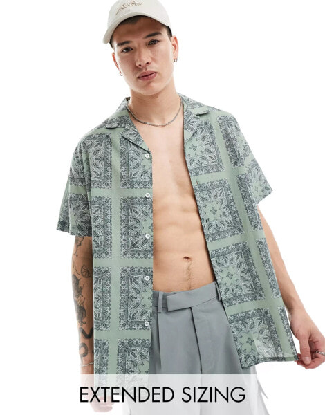 ASOS DESIGN relaxed revere shirt with tile bandana print in sage