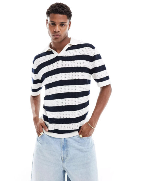 Selected Homme revere collar crochet polo in navy stripe