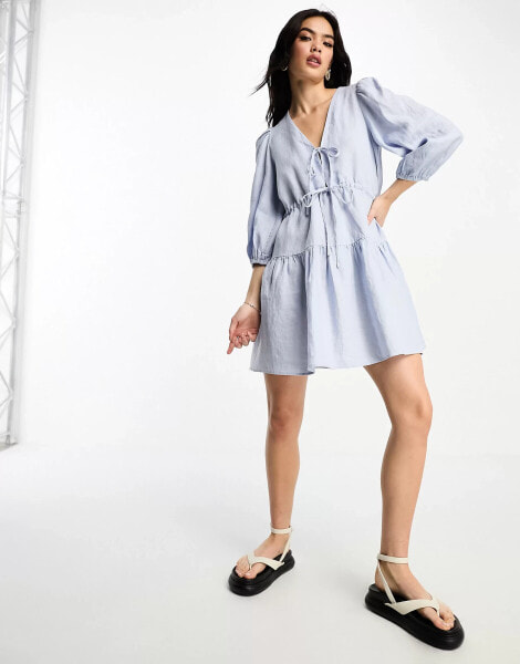 & Other Stories linen tie detail mini dress in blue