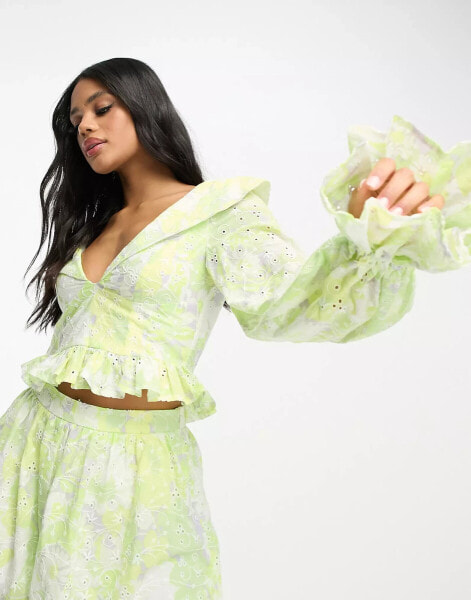 ASOS LUXE floral broderie co-ord top in lime green