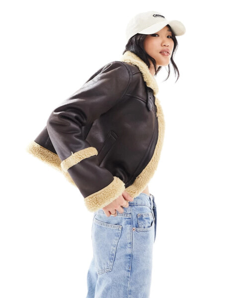 Superdry faux shearling crop jacket in dark brown