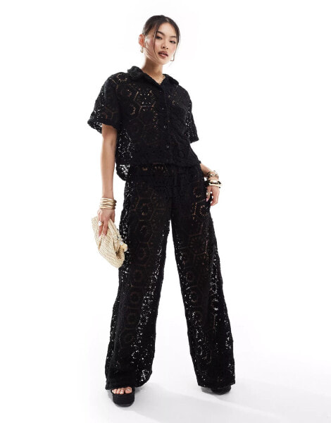 South Beach crochet beach trouser co-ord in black