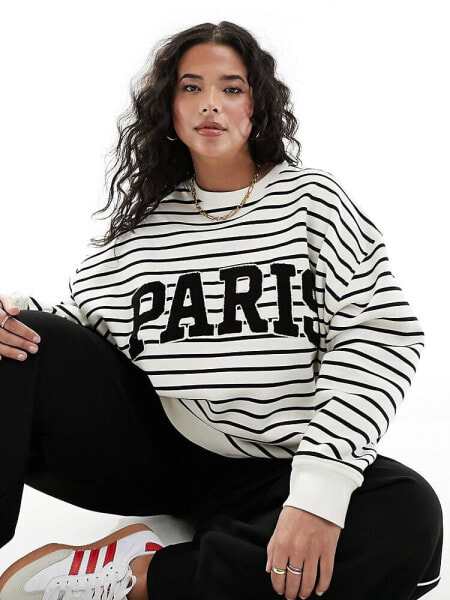 4th & Reckless Plus exclusive Paris logo sweatshirt in black and white stripe