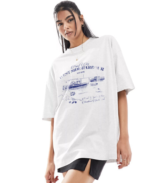 ASOS DESIGN oversized t-shirt with harbour boat graphic in ice marl