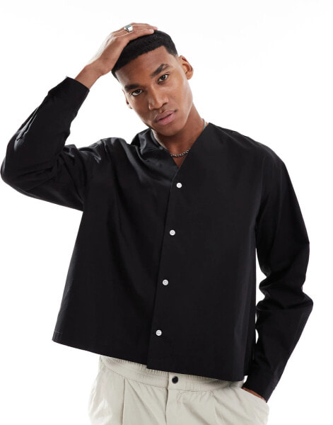 ASOS DESIGN oversized boxy shirt with baseball collar in black