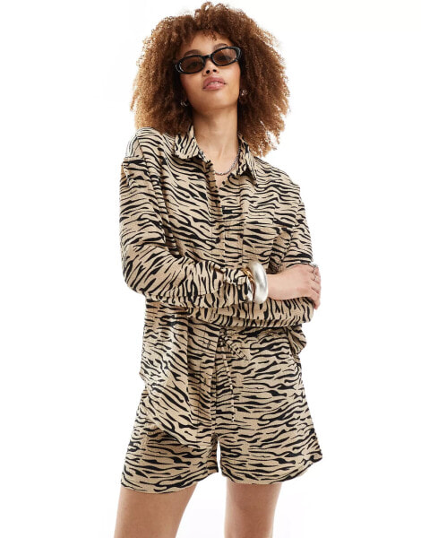 Noisy May oversized shirt co-ord in beige zebra print