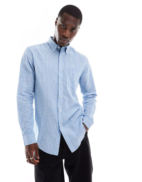 Ben Sherman long sleeve linen wide stripe shirt in blue