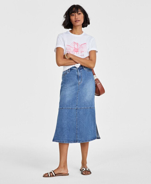 Women's Paneled Denim Midi Skirt, Created for Macy's