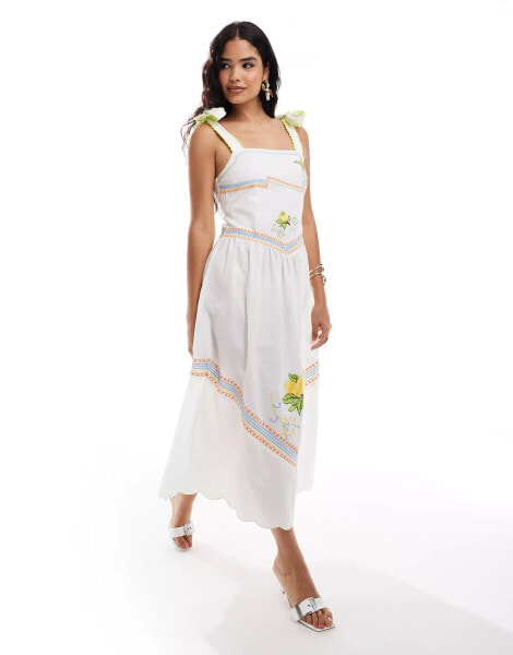 Never Fully Dressed Corfu bow shoulder embroidered midaxi dress in white