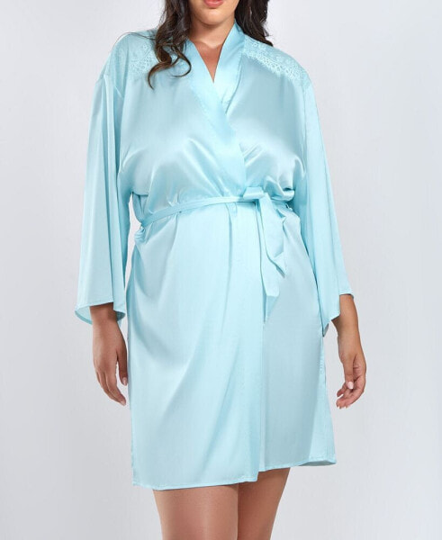 Женская пижама ICollection plus Size Olivia Satin Robe with Eyelash Lace Trim