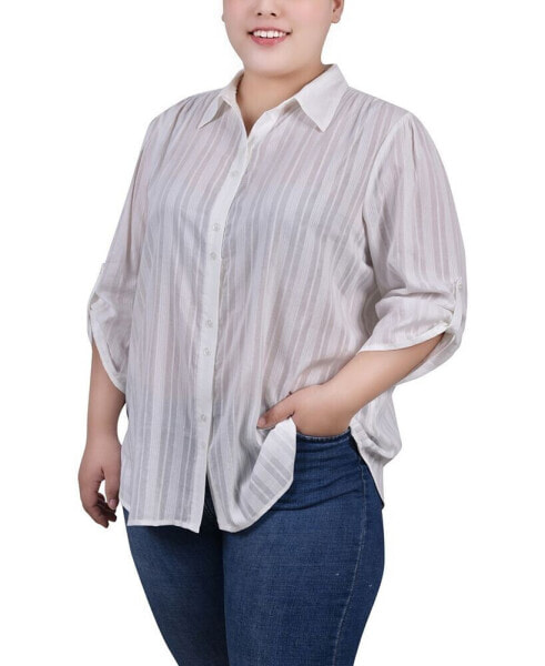 Plus Size 3/4 Roll Tab Sleeve Cotton Blouse