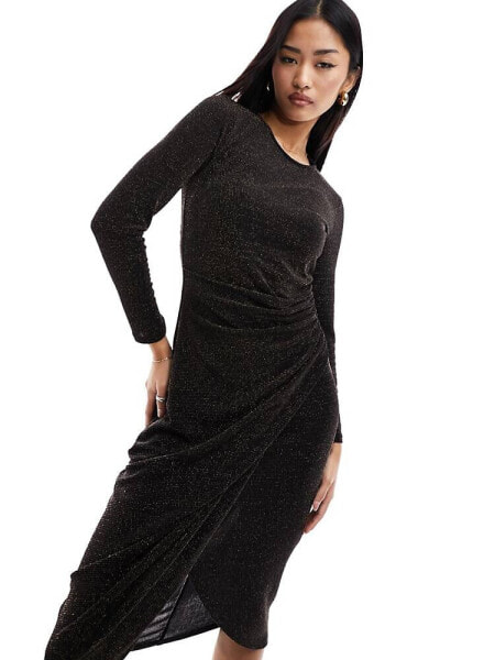 New Look glitter ruched midi dress in black