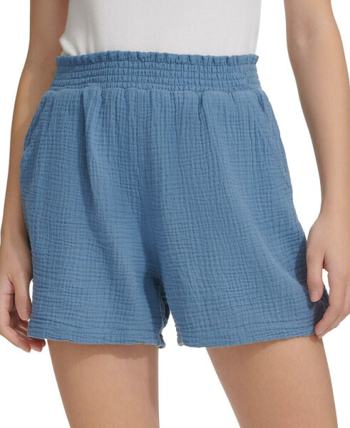 Women's Smocked-Waist Double-Crepe Pull-On Cotton Shorts