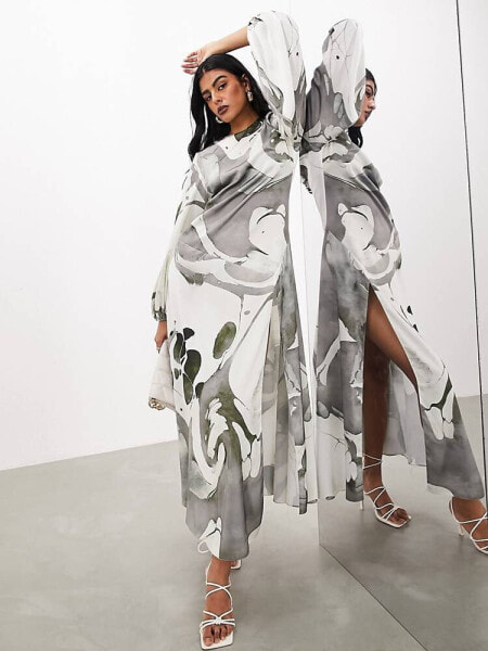 ASOS EDITION satin long sleeve smock dress in grey abstract print