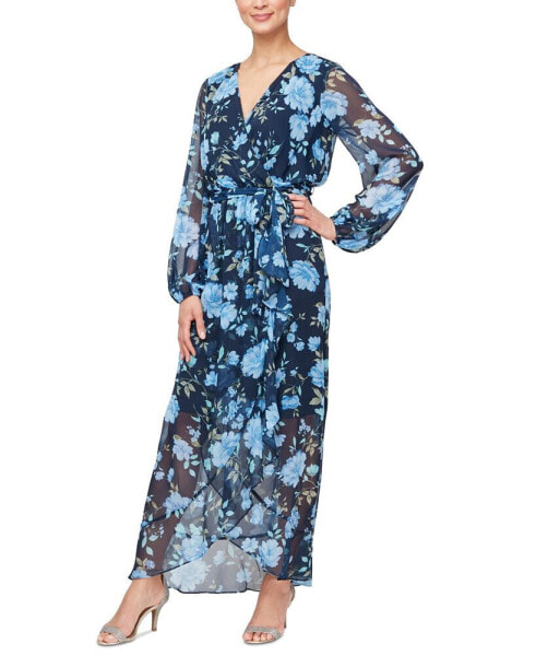 Women's V-Neck Chiffon Long-Sleeve A-Line Maxi Dress