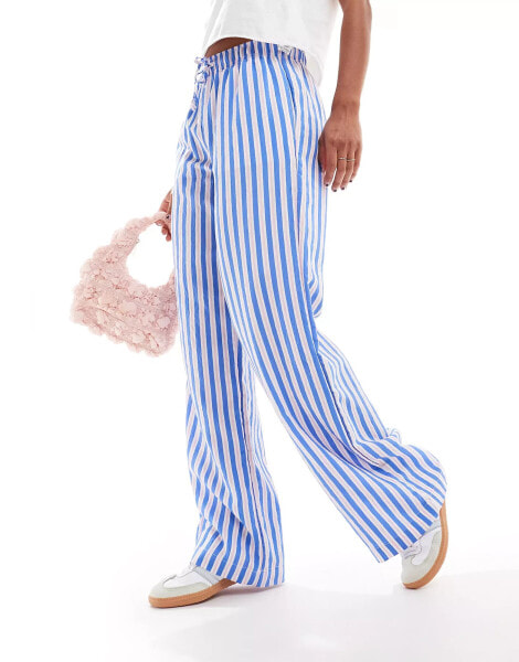 Bershka tie waist wide leg linen look trousers in blue & pink stripe