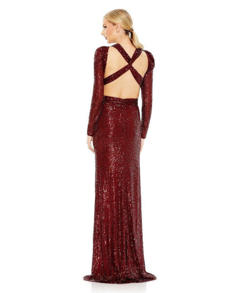 Women's Ieena Sequined Criss Cross Long Sleeve Gown