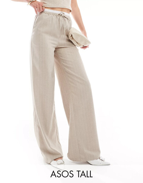 ASOS DESIGN Tall double waistband tailored trouser in taupe stripe