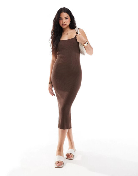 Pimkie knit rib sleeveless square neck bodycon midi dress in chocolate