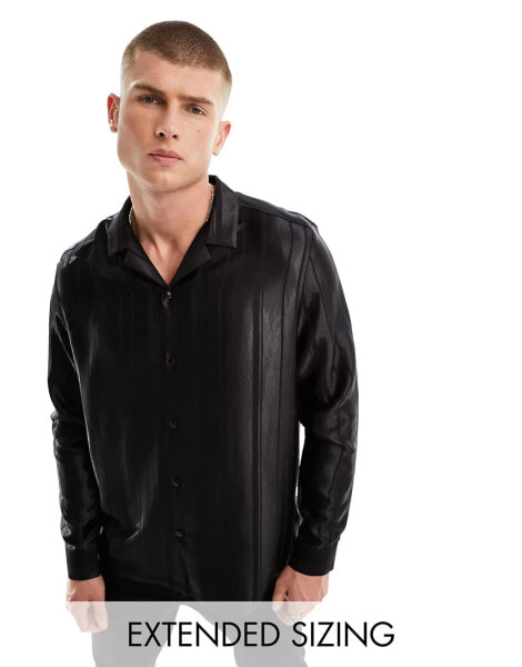 ASOS DESIGN relaxed deep revere striped jacquard satin shirt in black