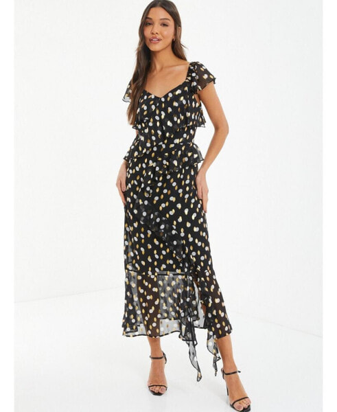 Women's Gold & White Polka Dot Chiffon Frill Detail Midi Dress