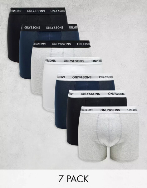 ONLY & SONS 7 pack trunks in black grey navy & white