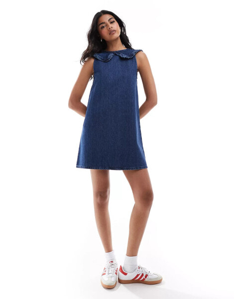 ASOS DESIGN denim shift dress with collar in midwash blue