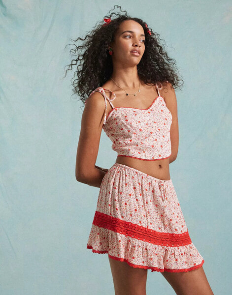 Miss Selfridge tie strap corset top co ord in strawberry print