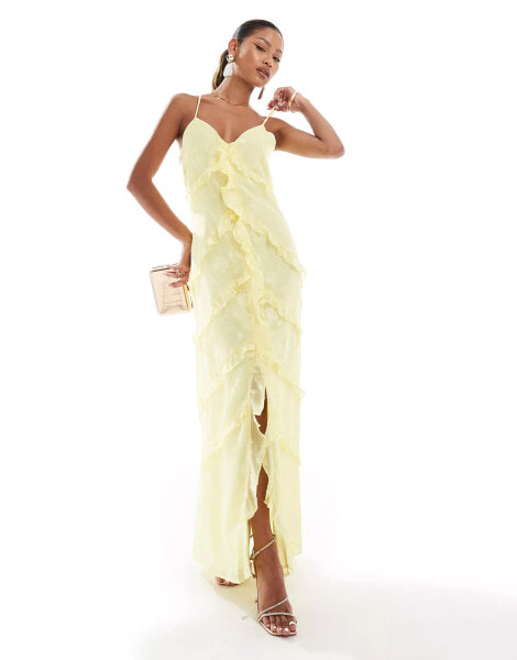 In The Style x Perrie Sian cami ruffle trim maxi dress in lemon yellow jacquard