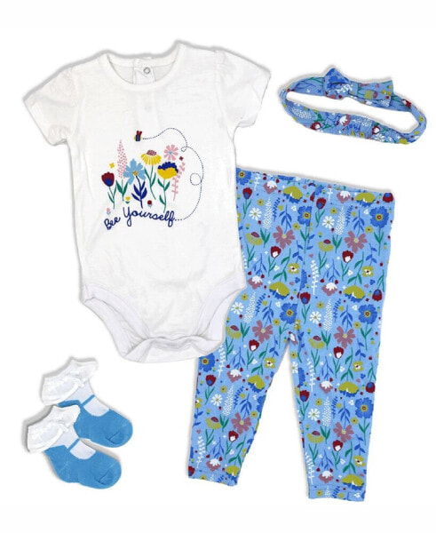 Baby Girls Bee Yourself Bodysuit, Leggings, Socks and Headband, 4 Piece Set