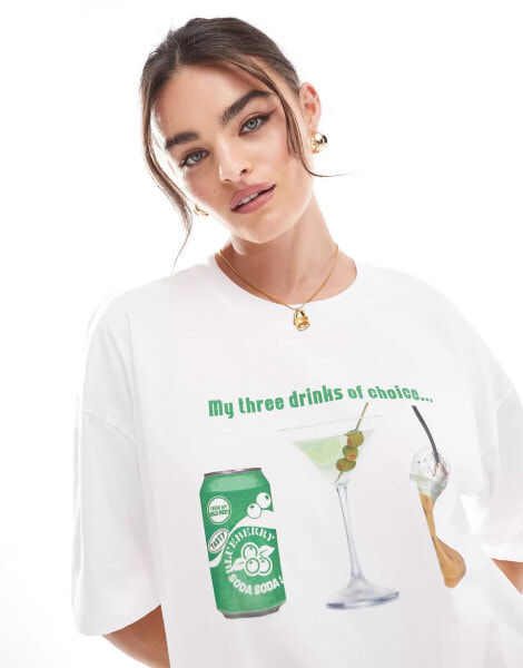 ASOS DESIGN oversized t-shirt with drinks graphic in ivory