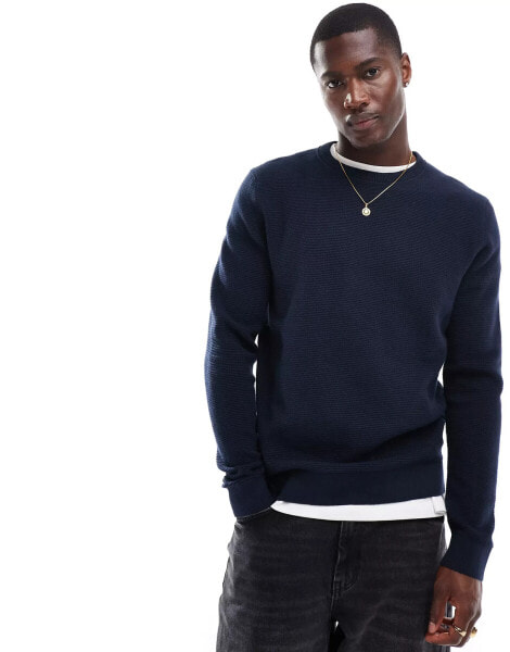 Selected Homme waffle knitted jumper in navy