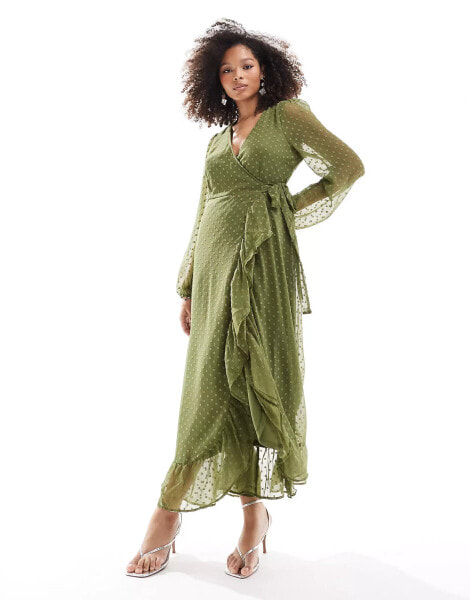 Vila Bridesmaid dobby wrap maxi dress with frill detail in olive green