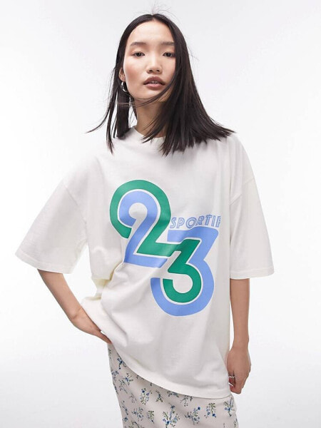 Topshop graphic sportif 23 oversized tee in ecru 