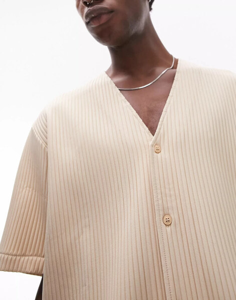 Topman short sleeve relaxed collarless plisse shirt in stone