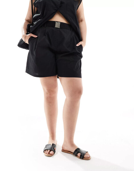 ONLY Curve belted high waist short co-ord in black