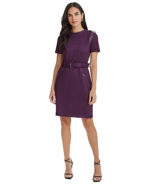 Petite Faux-Suede Belted Sheath Dress