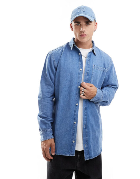 Jack & Jones oversized denim shirt in mid blue wash