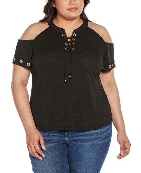 Black Label Plus Size Cold-Shoulder Grommet Trim Knit Top