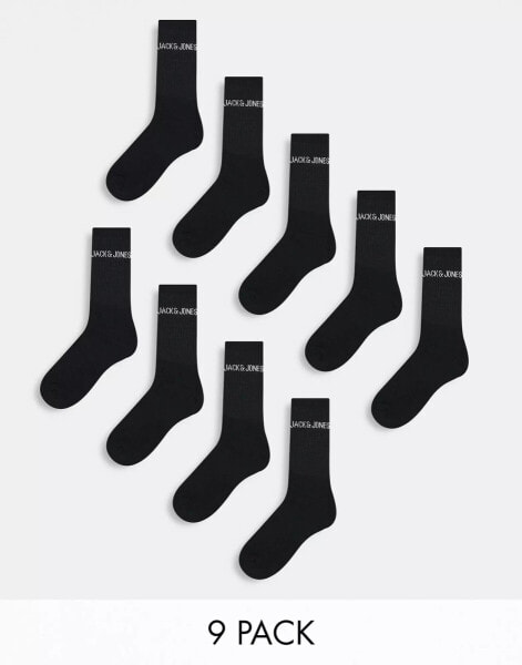 Jack & Jones 9 pack ribbed logo socks in black