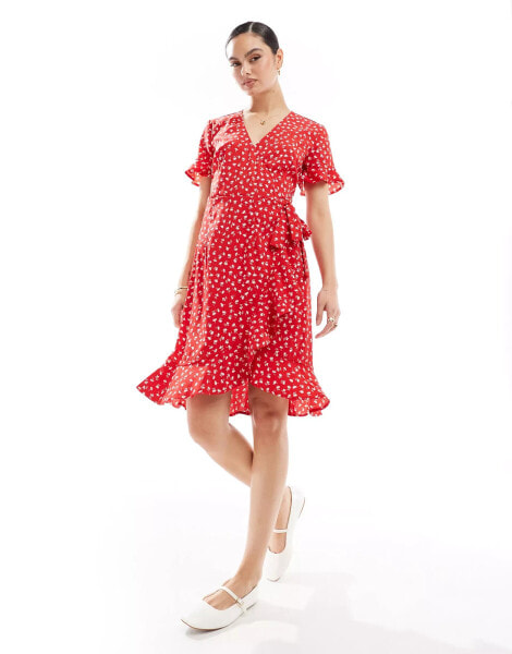 ONLY frill wrap mini dress in red ditsy floral