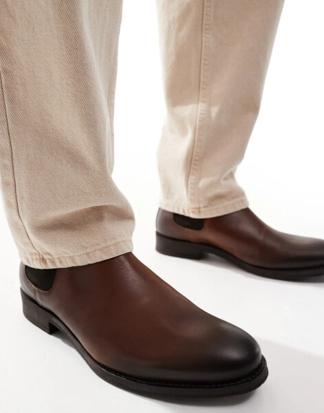 Jack & Jones leather chelsea boot in brown