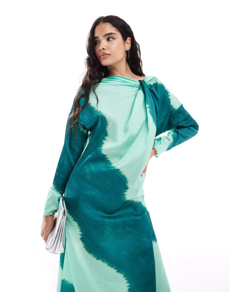 ASOS DESIGN twist neck fallen sleeve satin maxi dress in blurred green stripe