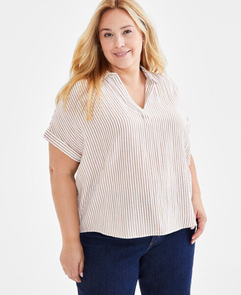 Plus Size Striped Gauze Camp Shirt, Created for Macy's