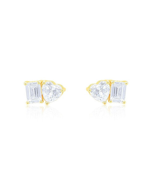 Yellow Gold Tone Heart and Emerald Cut Studs