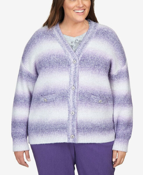 Plus Size Point of View Ombre Cardigan with Flower Buttons Sweater