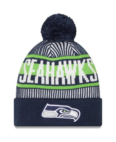 Men's College Navy Seattle Seahawks Striped Cuffed Knit Hat with Pom