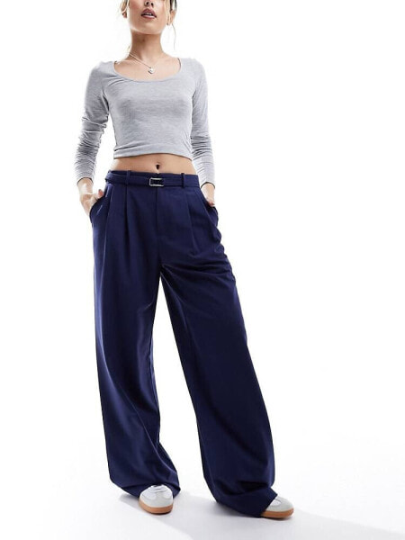 Stradivarius belted wide leg trouser in navy 