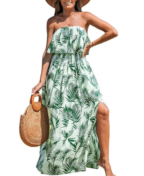 Women's Palm Leaf Tie Waist Maxi Tube Beach Dress